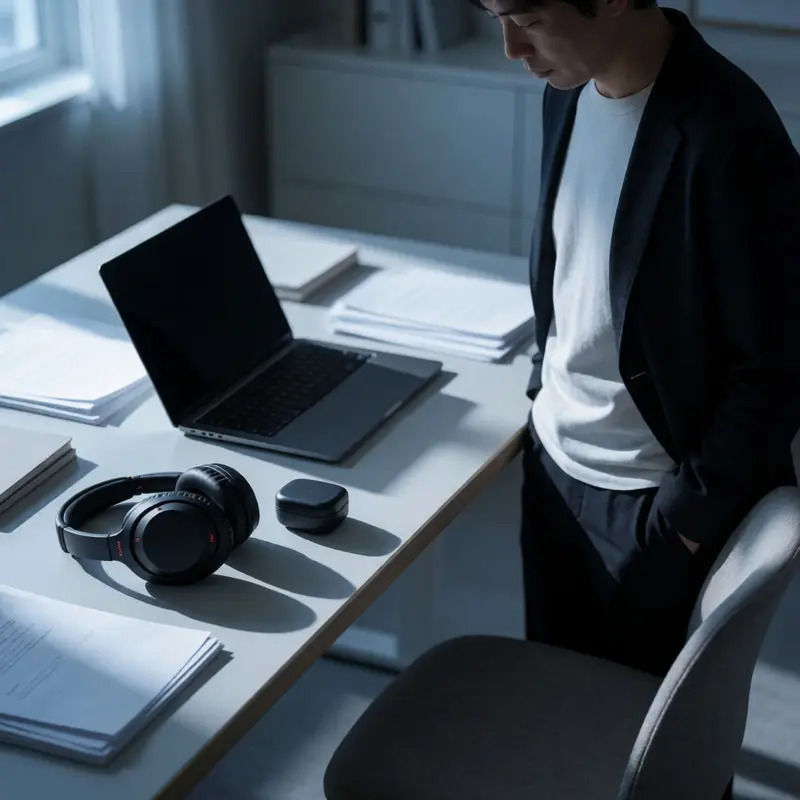 Two noise-control options are set out on a minimalist desk.