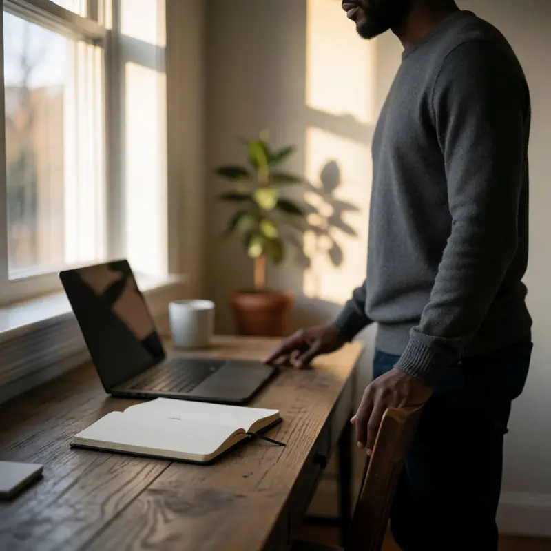 A remote worker pauses in a quiet space, emphasizing control over pace and boundaries.