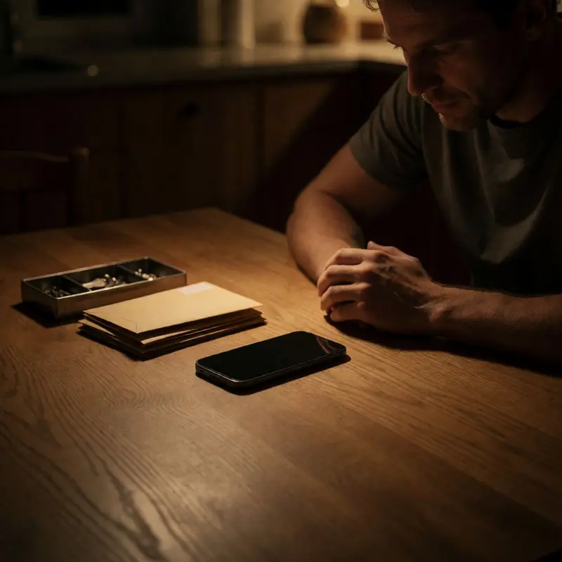 A quiet late-night moment as a minimalist phone sits beside unopened mail on a kitchen table.
