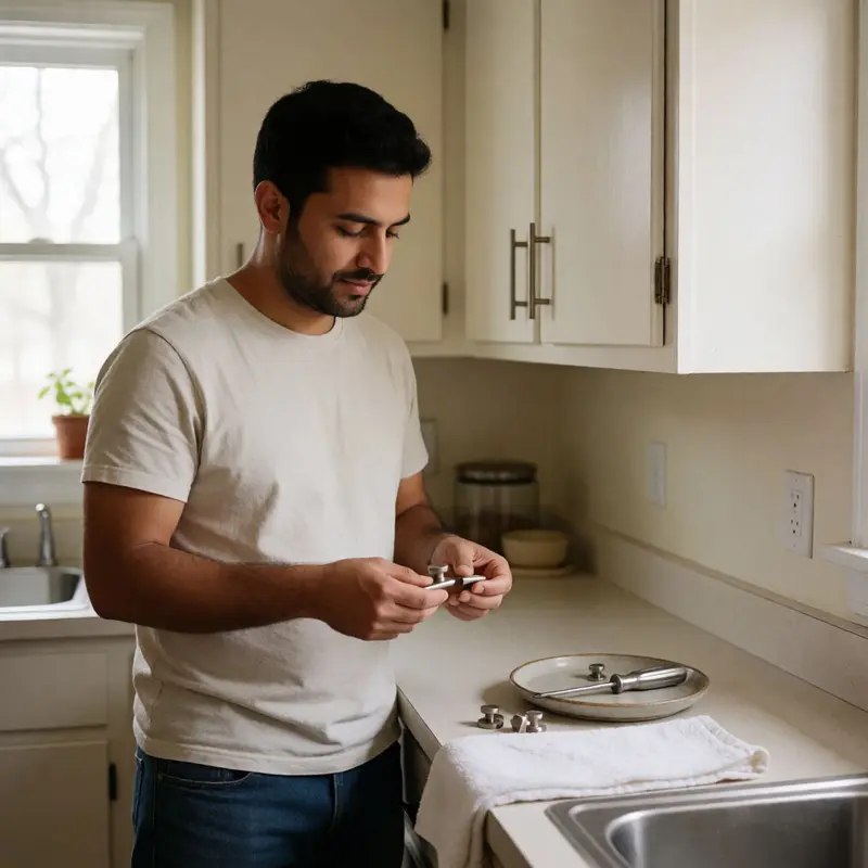 A simple cabinet pull swap modernizes a rental kitchen without drilling new holes.
