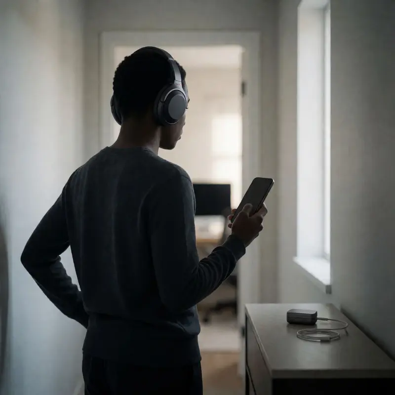 A headphone wearer holds a phone while an earplug case sits nearby.