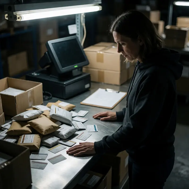 A tense packing station scene with unattended parcels suggesting automated fraud pressure.