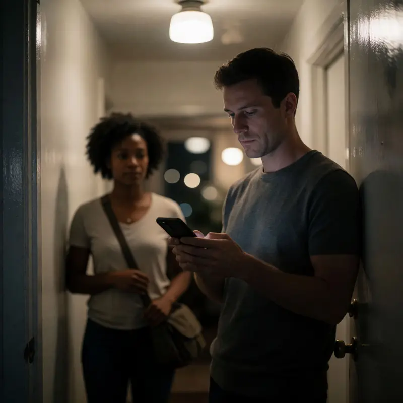 Two people wait in a narrow hallway with a dark phone screen, emphasizing delay and friction.