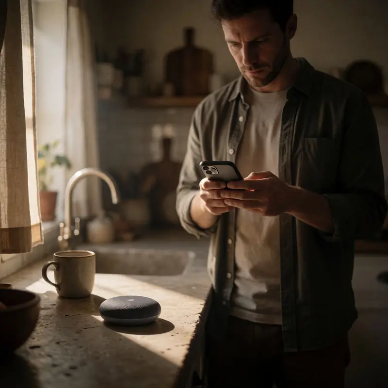 A voice assistant on a countertop under morning light as a renter watches cautiously.