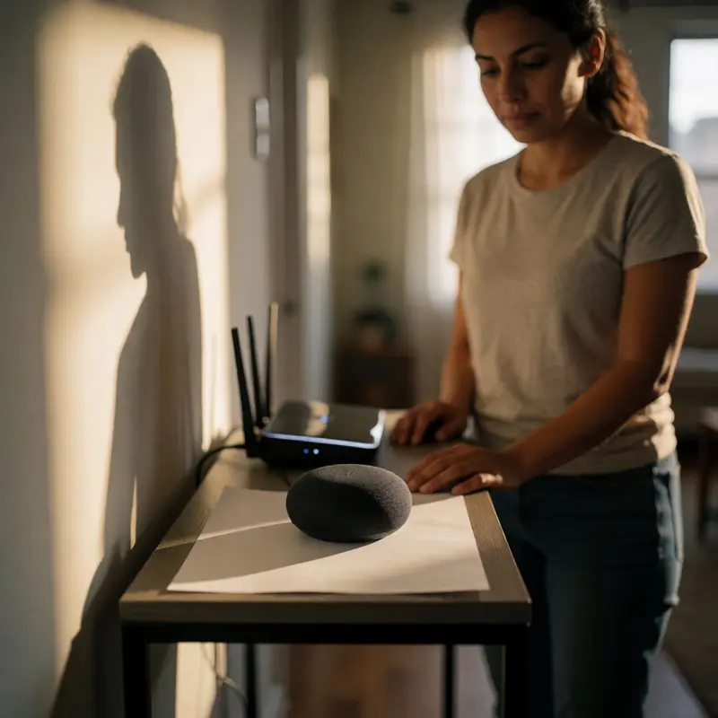 A renter stands by a smart speaker and router in a softly lit hallway.