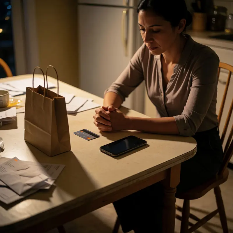 A shopper weighs a credit card against a pay-later purchase as costs pile up.