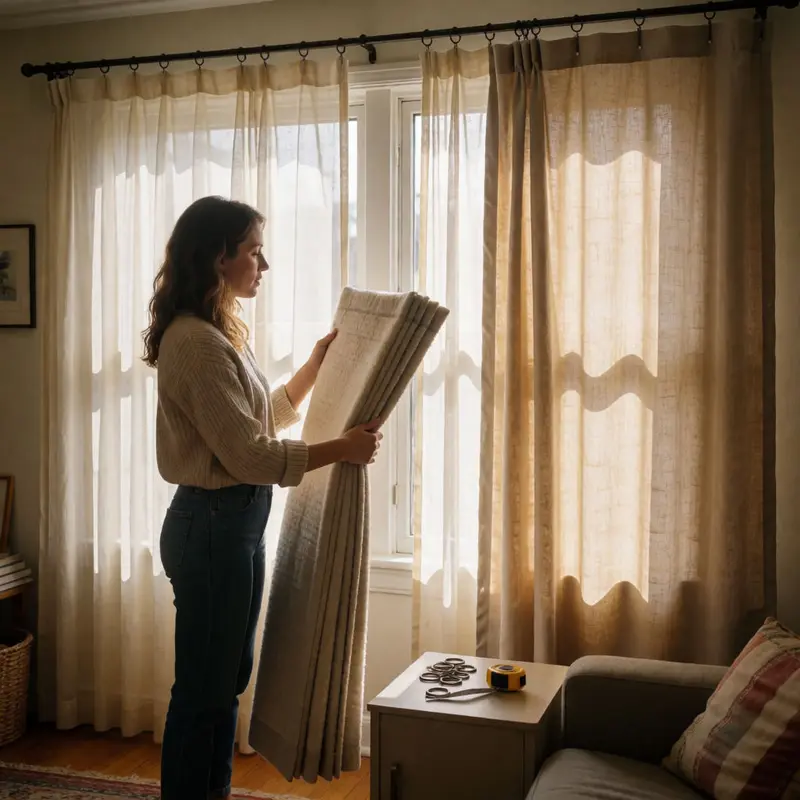 Sheer and thermal curtains are layered to improve privacy and comfort in a rental.