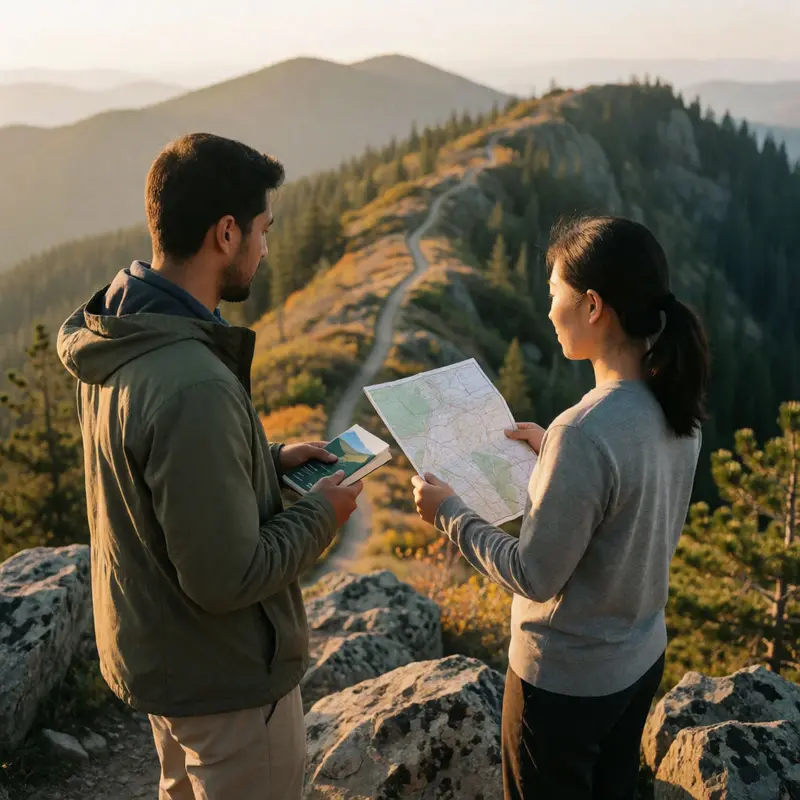 Two hikers study terrain from an overlook to plan a quieter route.