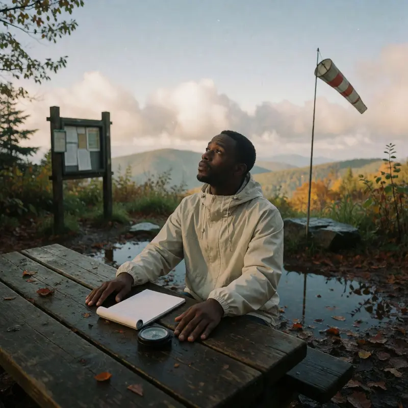A hiker checks real-world conditions before committing to a route.