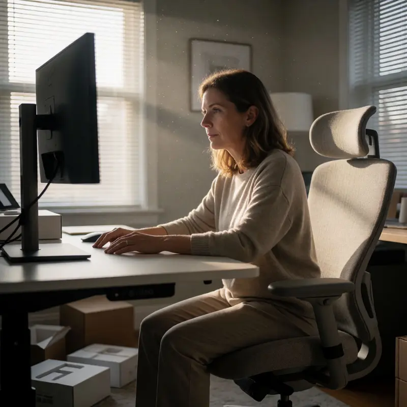 A remote worker sits in a newly upgraded home office yet still looks exhausted.