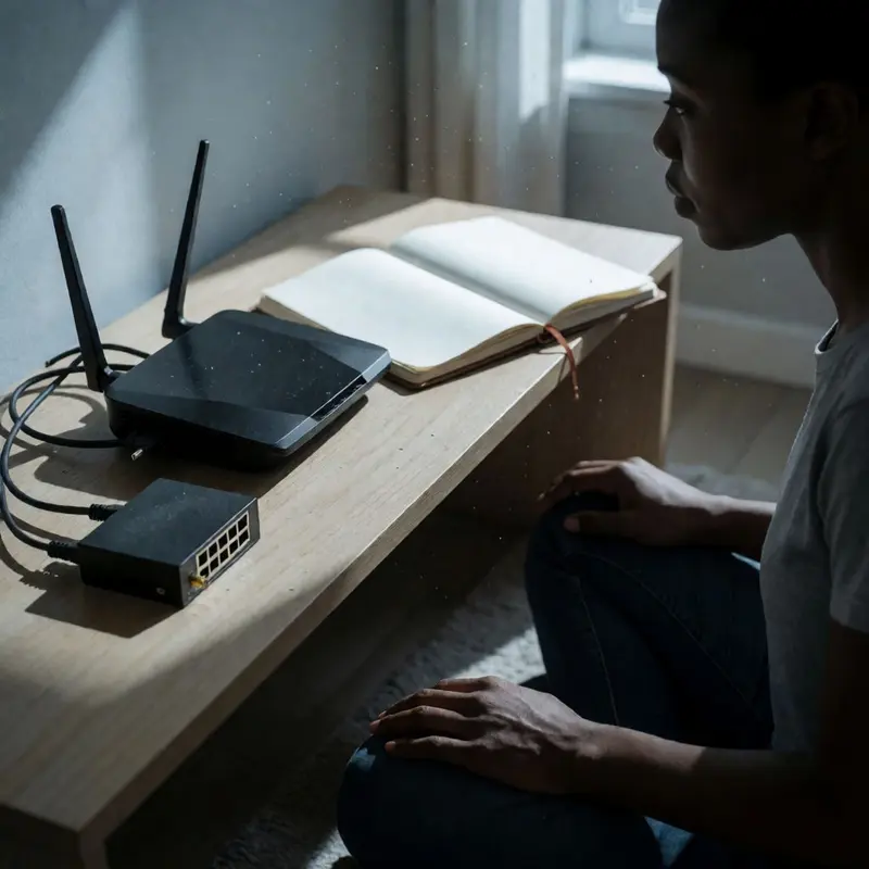 Network gear on a shelf as a renter checks their home connection setup.