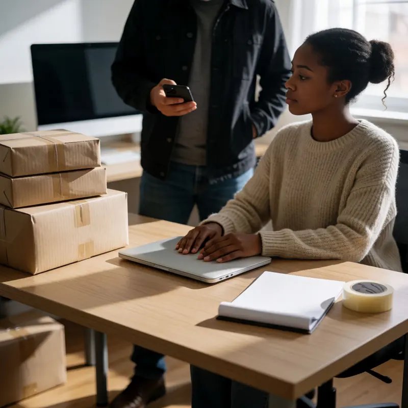 A seller considers hands-on shipping steps beside a closed laptop and ready-to-ship parcels.
