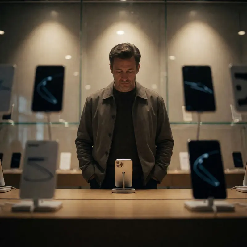 A cautious buyer studies minimalist phone hardware at a softly lit retail counter.
