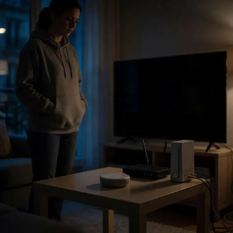 Home Assistant voice privacy issues depicted by a voice assistant on a coffee table with a router, modem, and cables in a dark apartment living room.