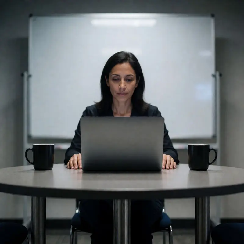 A focused workspace with a closed laptop and an empty whiteboard suggests careful system verification.