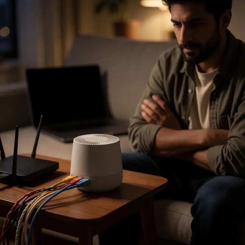 A renter inspects a voice device beside a router and cables in a dim apartment.