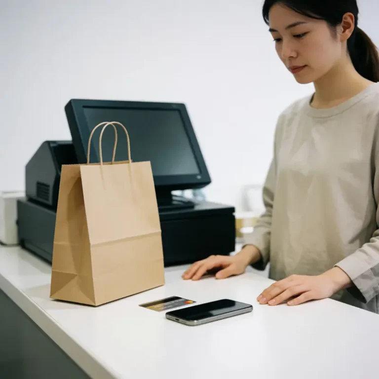 Klarna vs credit card comparison at a store checkout with a face-down phone and a credit card on the counter while a woman rests both hands flat.