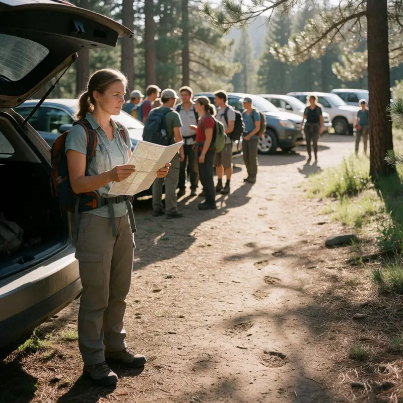 A hiker compares two trail entrances to avoid the busiest route.