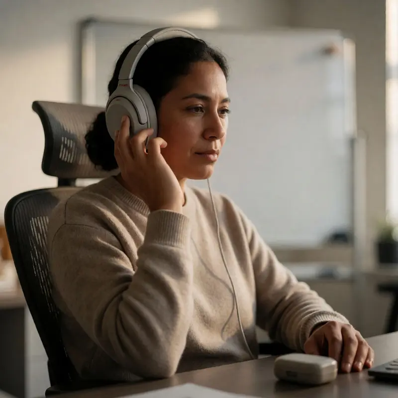 A remote worker adjusts over-ear headphones during a long session.
