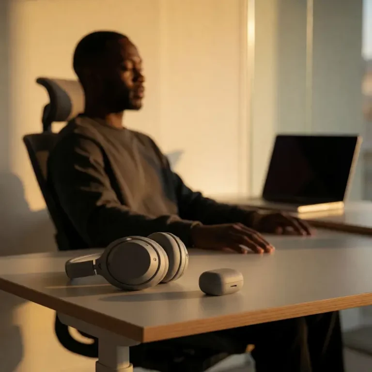 Loop Quiet 2 vs Sony WH-1000XM5 cover image showing an earplug case and over-ear headphones on a home-office desk with a seated person in the background.