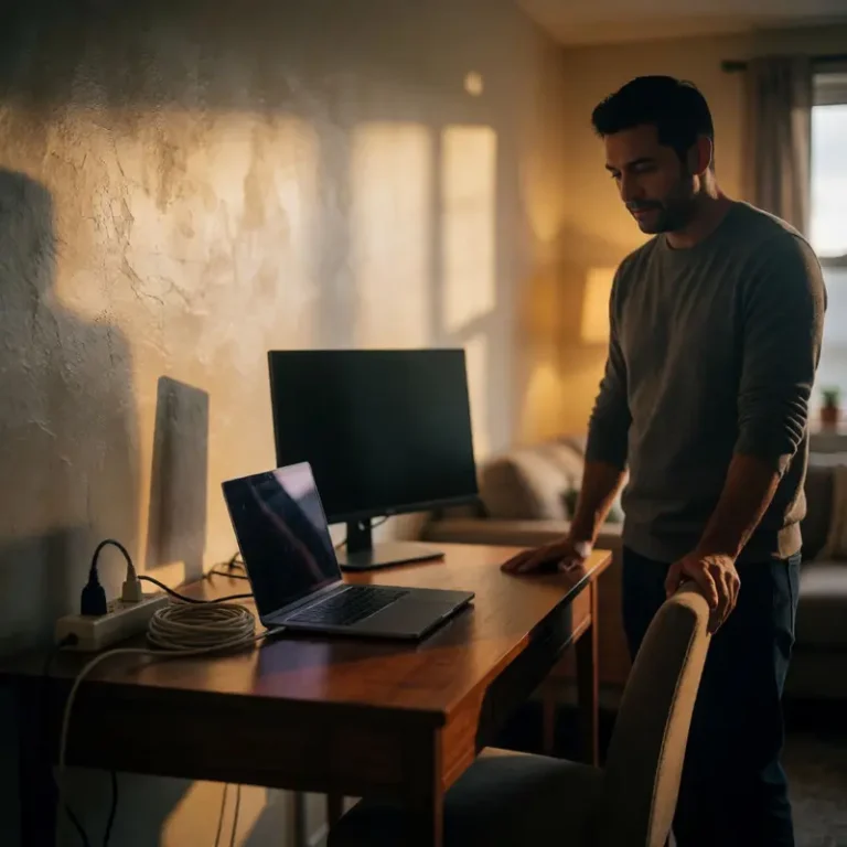 Manual shutdown routine for home office shown as a closed laptop and dark monitor on a small rental desk while a renter stands with hands on the chair.