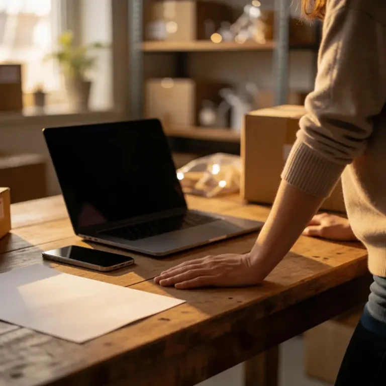Home-based seller not seeing buyer messages at a packing table with parcels, a face-down phone, and a dark laptop.