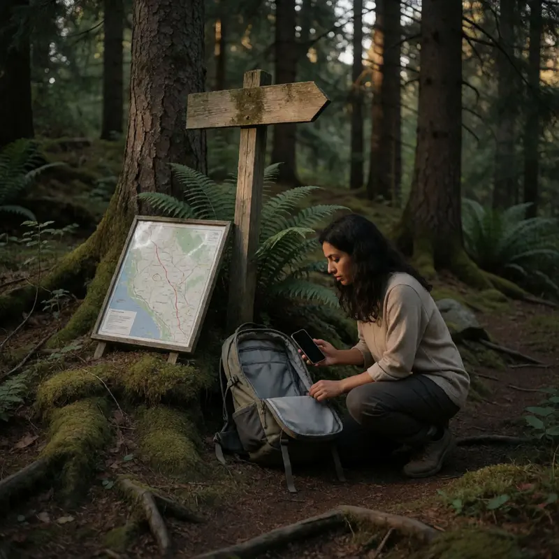 A hiker prepares for limited signal at a forest trail junction.