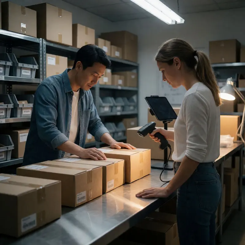 A high-volume packing line scene with sealed boxes and organized shelving.