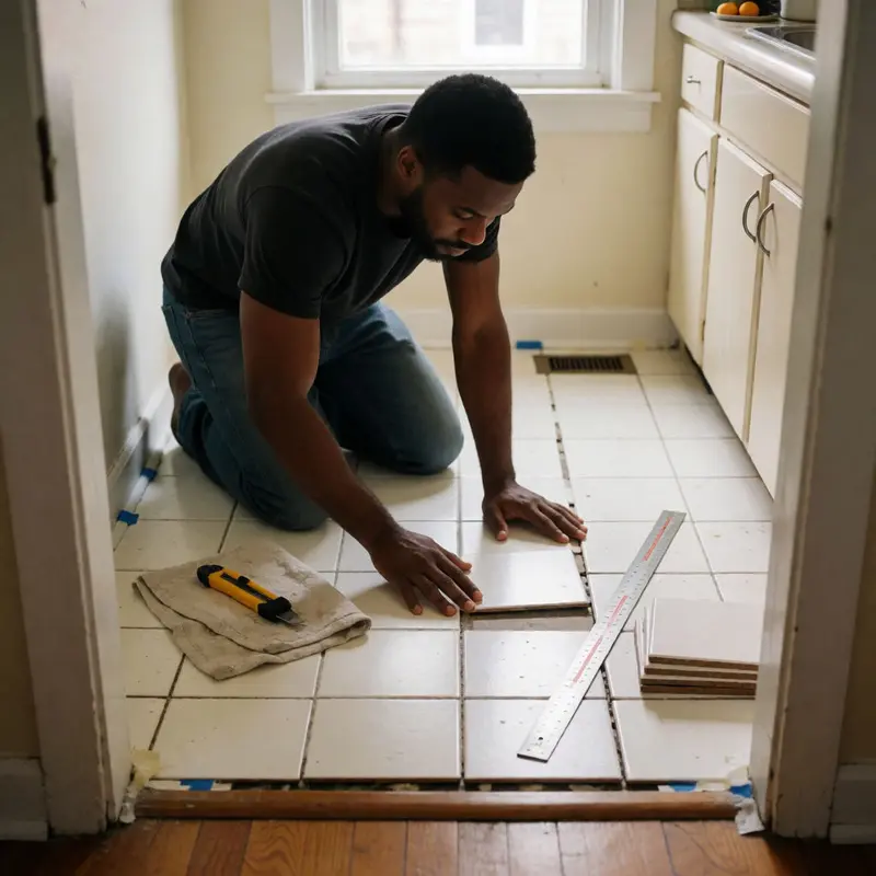 Peel-and-stick tiles are aligned on a rental floor for a fast weekend update.