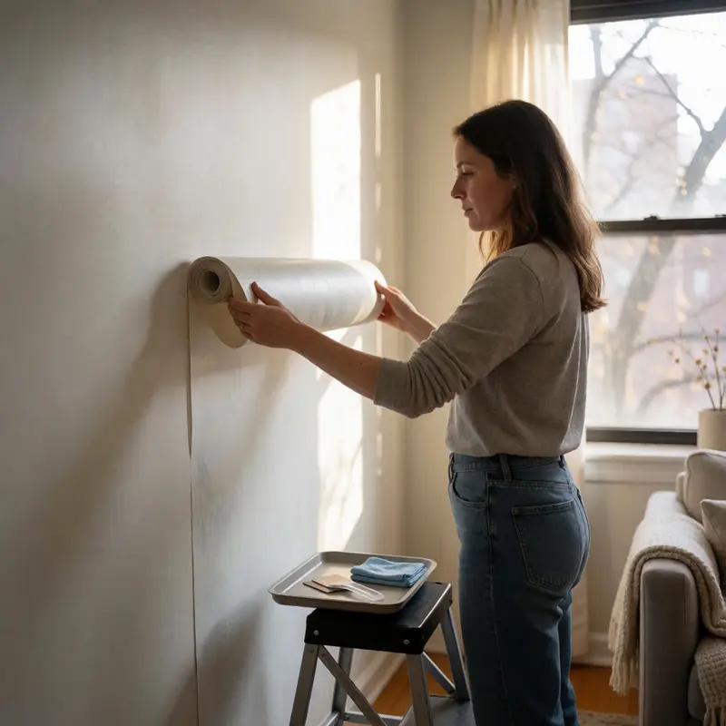 A renter holds peel-and-stick wallpaper next to a clean accent wall ready for a quick refresh.