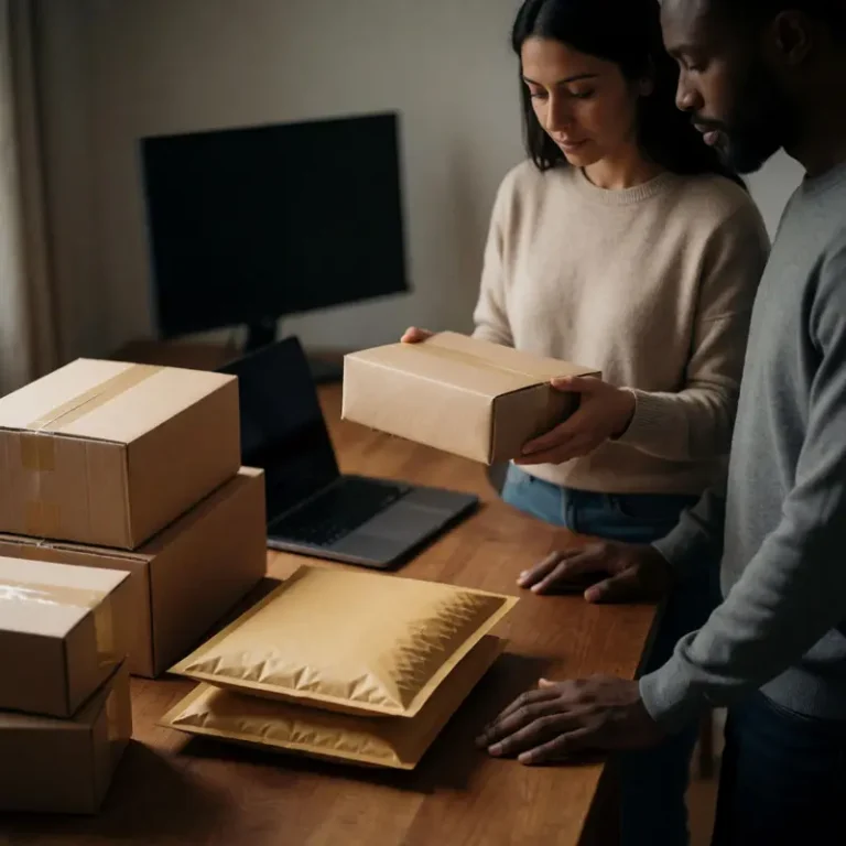 Pirate Ship vs ShipStation comparison for Etsy shipping shown by two sellers at a packing table holding parcels with a closed laptop nearby.