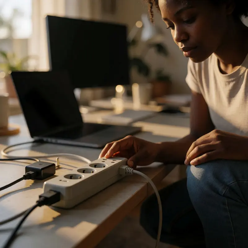 A simple power-down moment focused on cables and the power strip beside a home desk.
