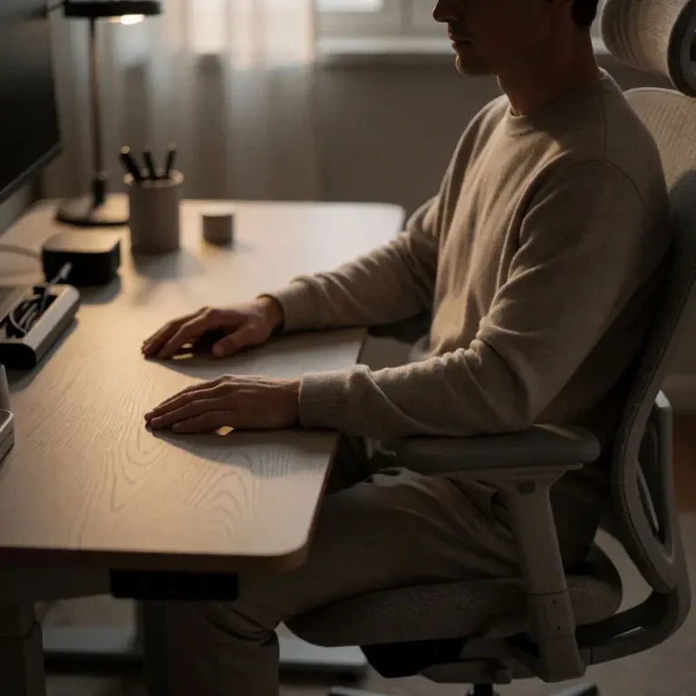 Remote work burnout solutions: a remote worker rests with hands flat on the desk in a home office, showing burnout cannot be solved by upgrades alone.