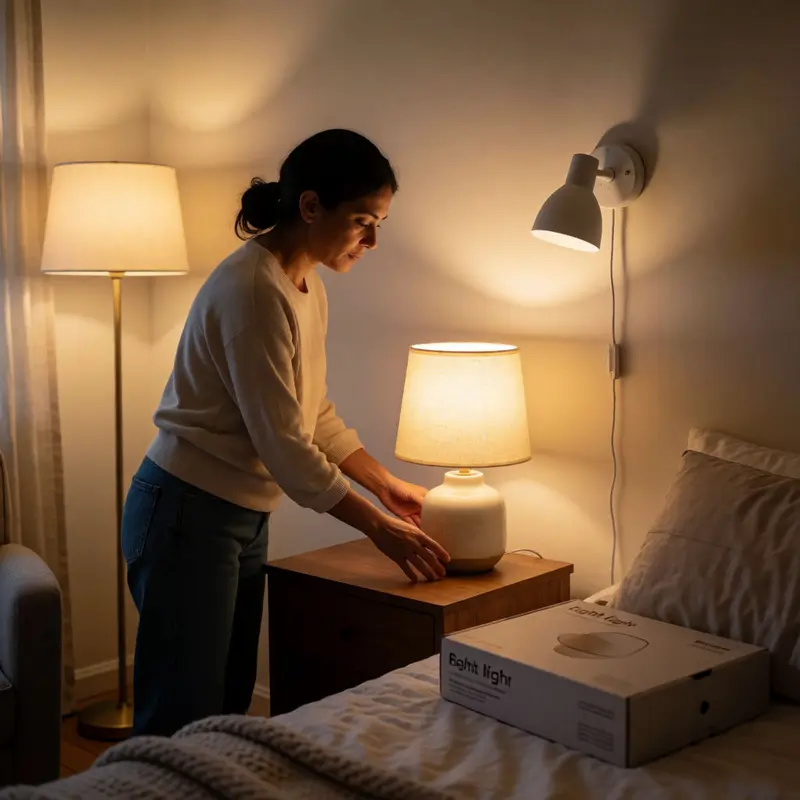 Layered lighting from lamps and plug-in fixtures warms up a rental room in minutes.