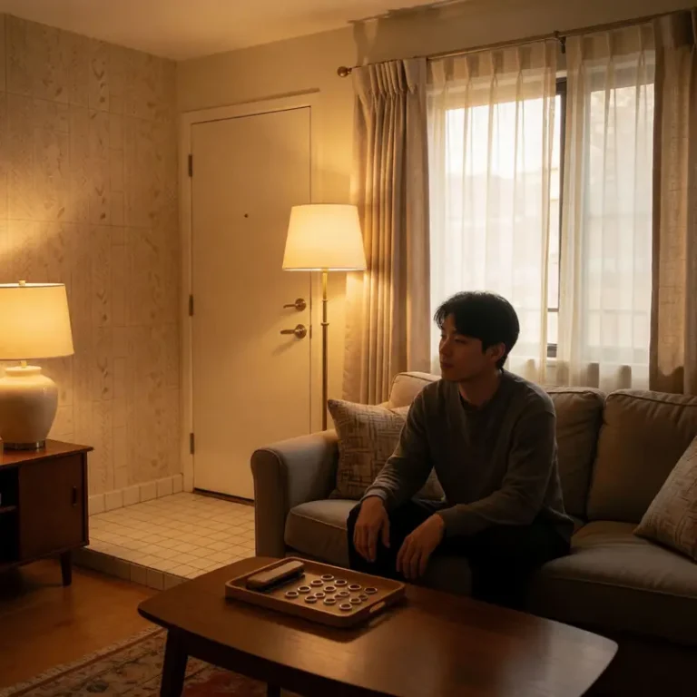 Renter friendly upgrades in a rental living room with peel-and-stick wallpaper, peel-and-stick floor tiles, warm layered lighting, and upgraded curtains.