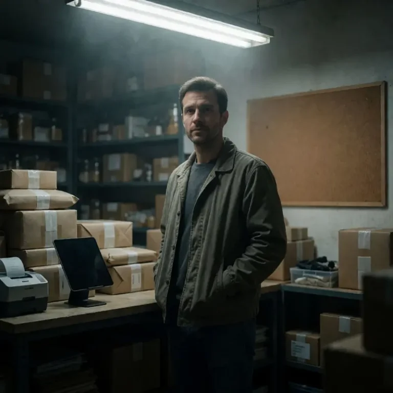 Small fulfillment counter scene conveying checkout automation security risks, with parcels piled near dark devices in a dim shop.