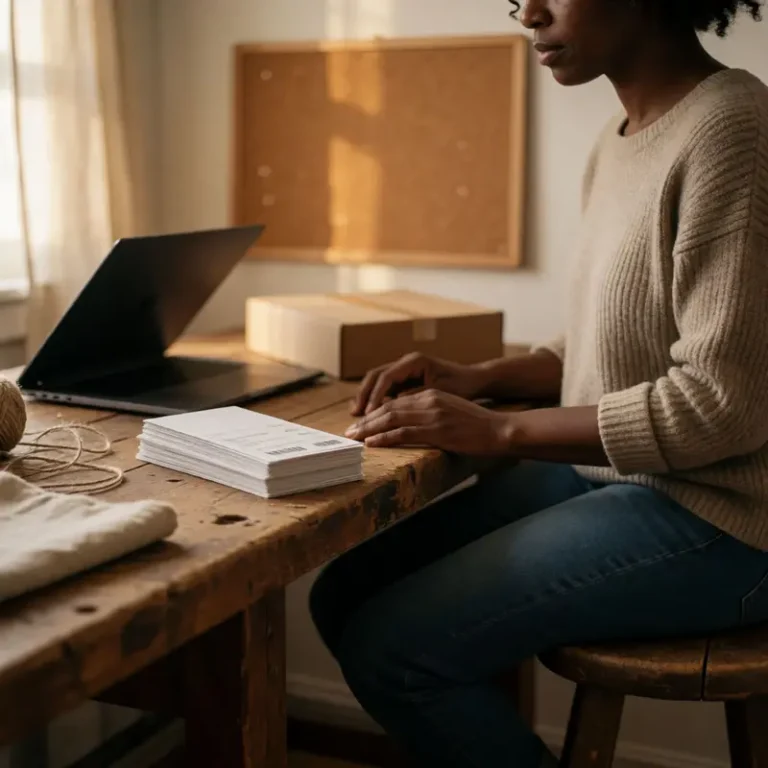 Home studio cover image representing Stripe pay by bank checkout drop off, with a seller seated at a workbench and packaging materials nearby.