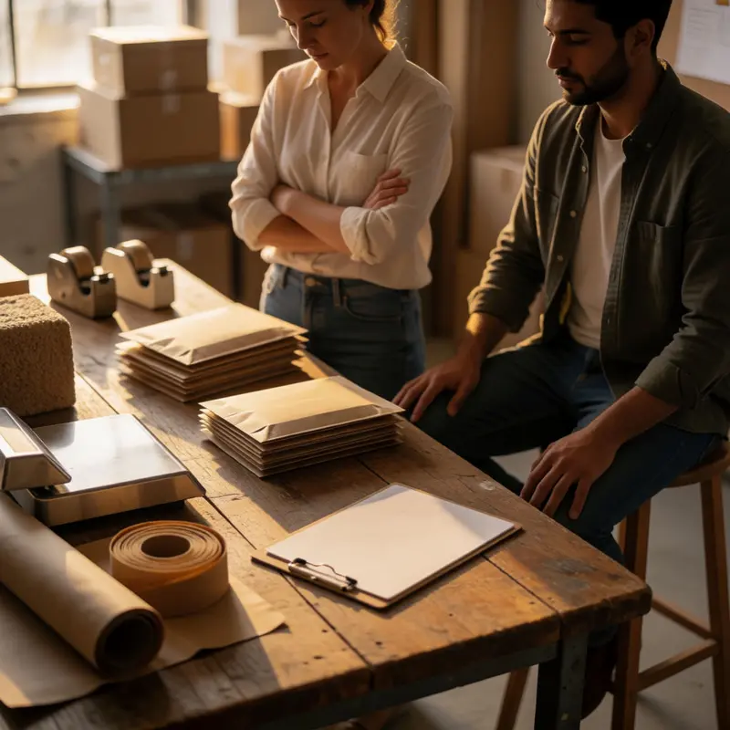 Two sellers weigh packaging supplies and overhead in a quiet shipping workspace.