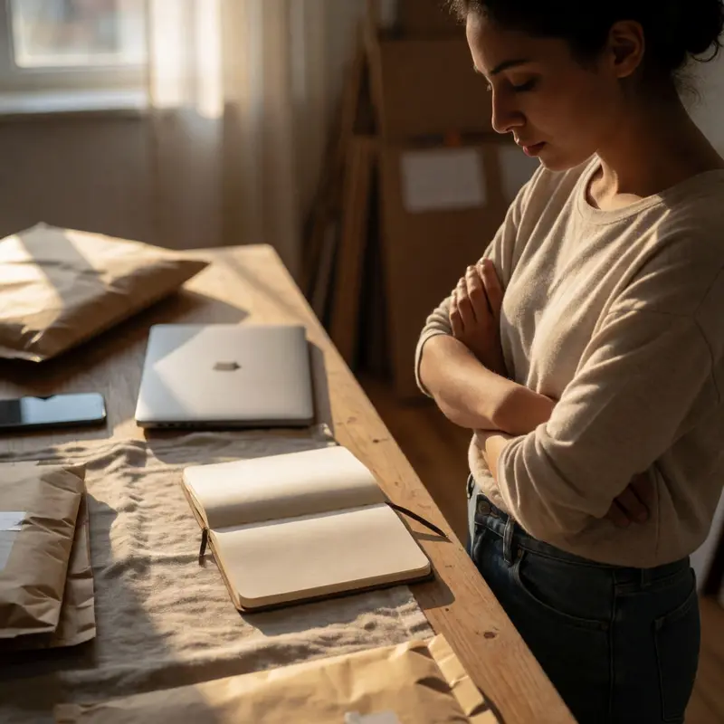 A seller pauses in a home studio, weighing a checkout change amid packing supplies.
