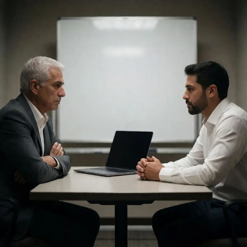 A tense in-person check-in reflects the friction created by low managerial trust.
