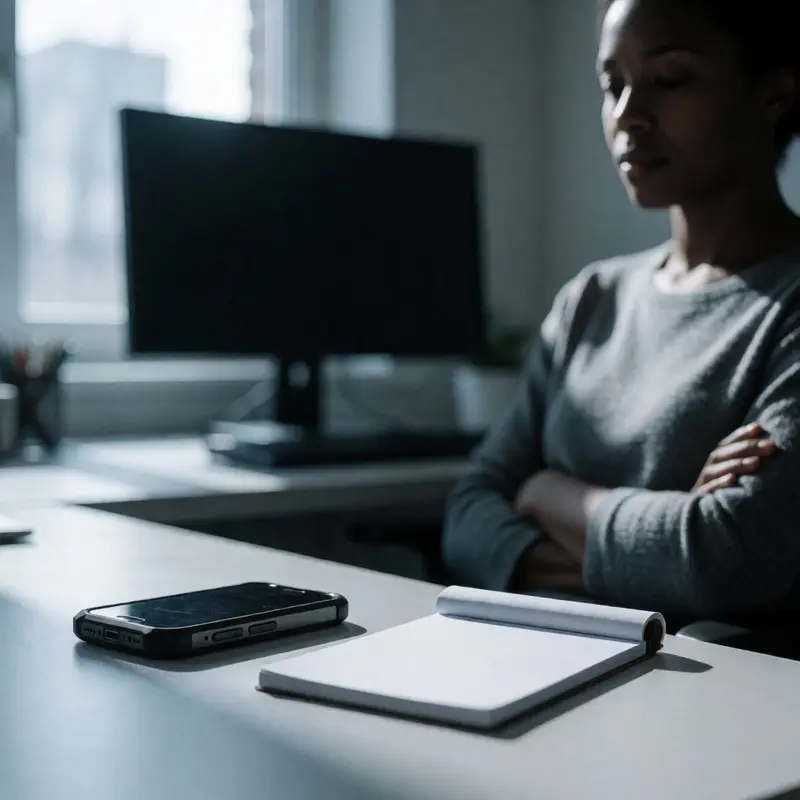 A tense, evaluative pause as a phone sits on a desk in a guarded, quiet office setting.