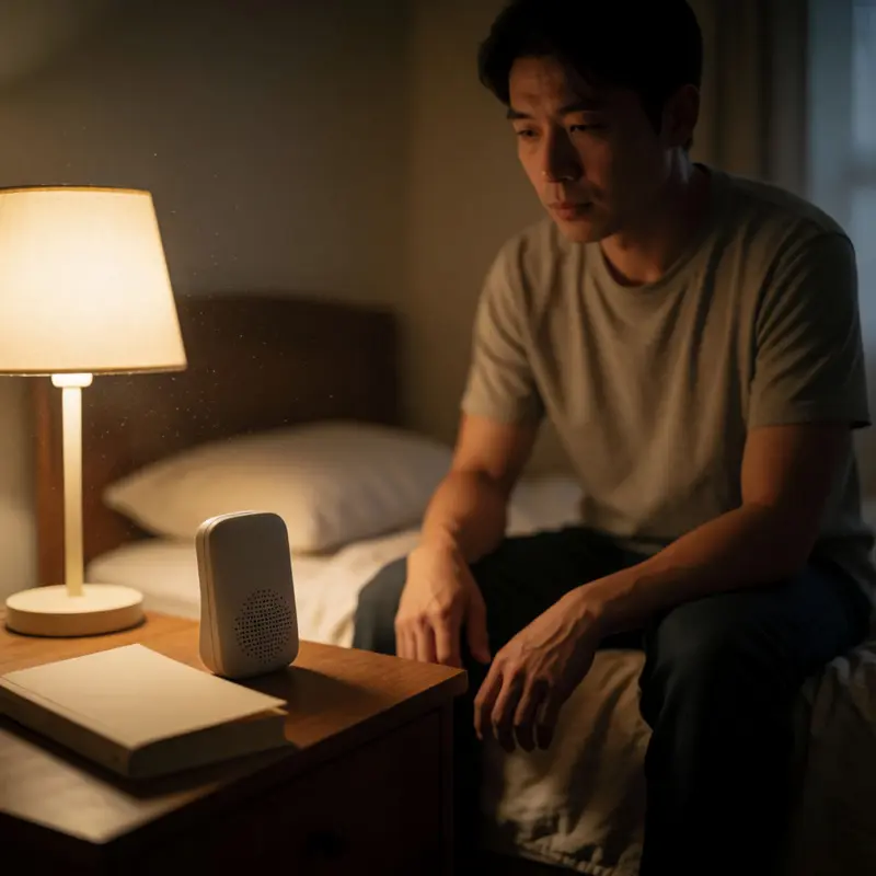 A voice device on a nightstand as a renter watches for unexpected activation.