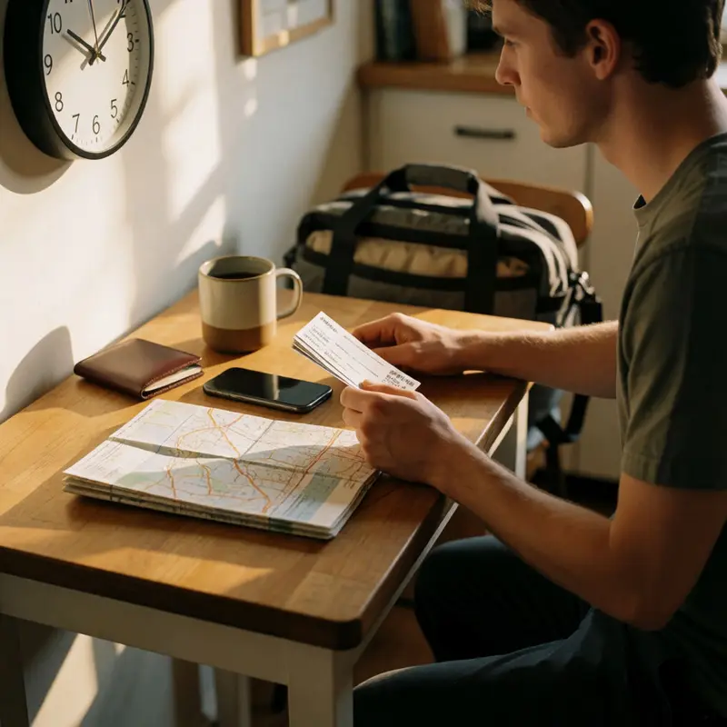 A traveler sorts trip materials to separate trains that need reservations from those with open boarding.