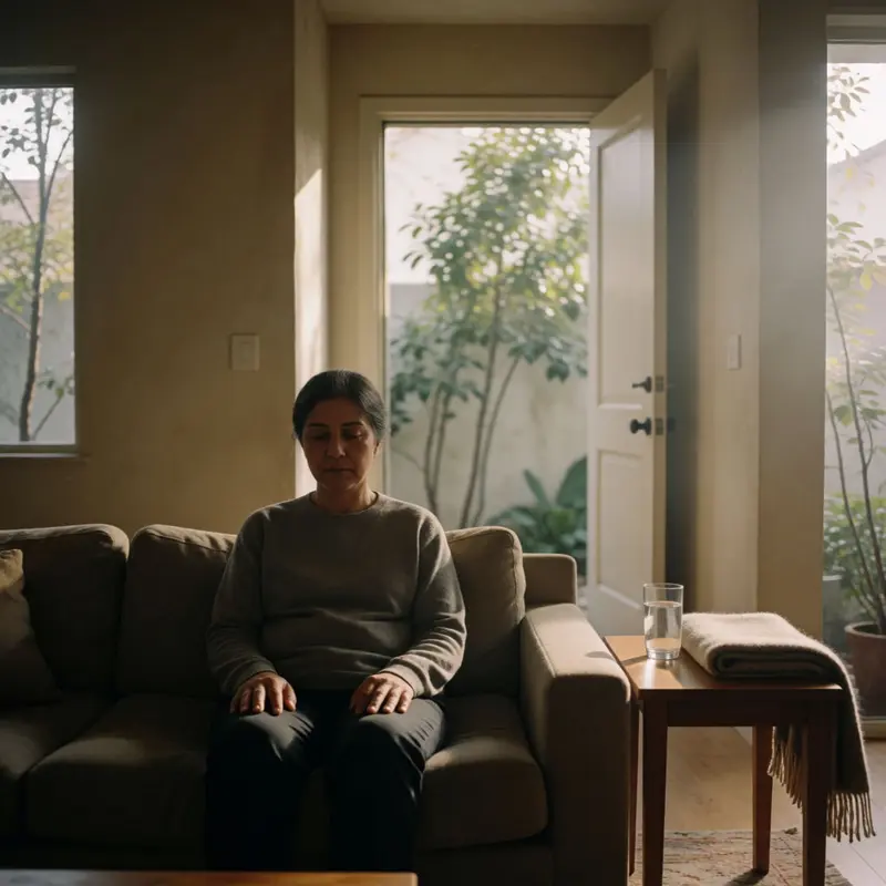 A tired person rests indoors while green space is visible just outside.