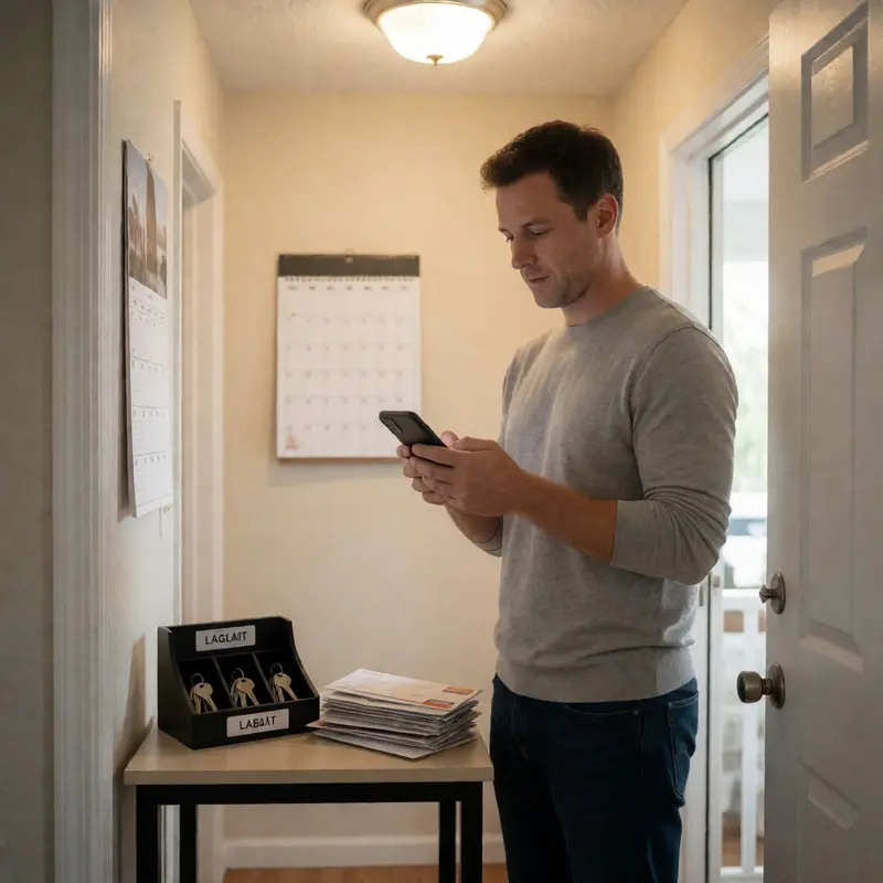 A renter uses a phone at the entryway to trigger routine tasks in a single step.
