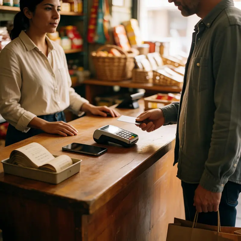 A vendor compares taking a contactless payment on a phone versus using a separate card reader.