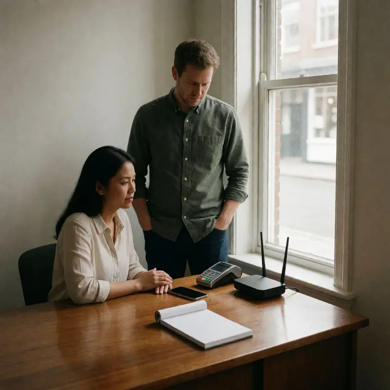 A shop owner weighs connectivity and payment needs using the tools on hand.