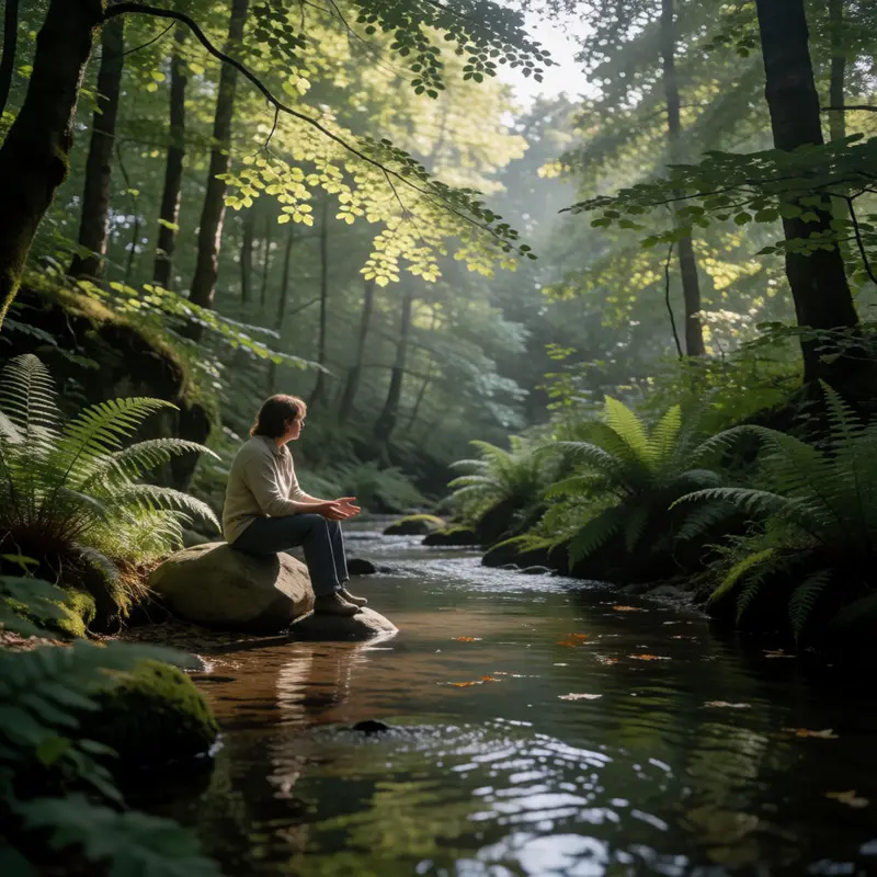A person rests beside a forest stream surrounded by dense greenery.