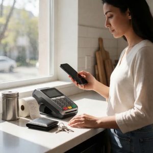 A phone replaces cards at the counter for faster checkout and fewer small steps.