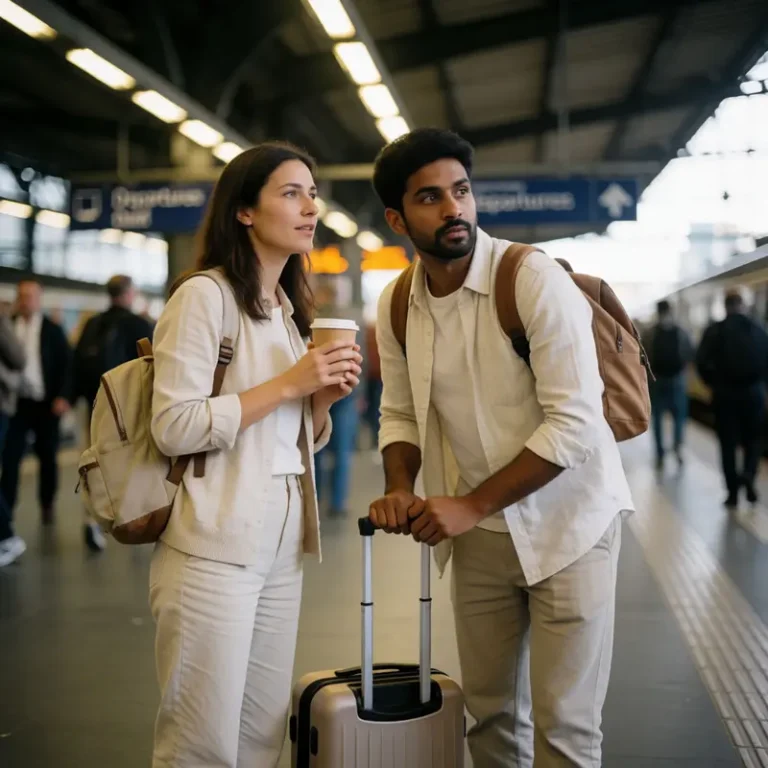 Two travelers in a station hall preparing Eurail pass seat reservations, standing with luggage and looking toward platforms before boarding.